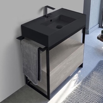 Console Bathroom Vanity Console Sink Vanity With Matte Black Ceramic Sink and Grey Oak Drawer Scarabeo 5123-49-SOL1-88